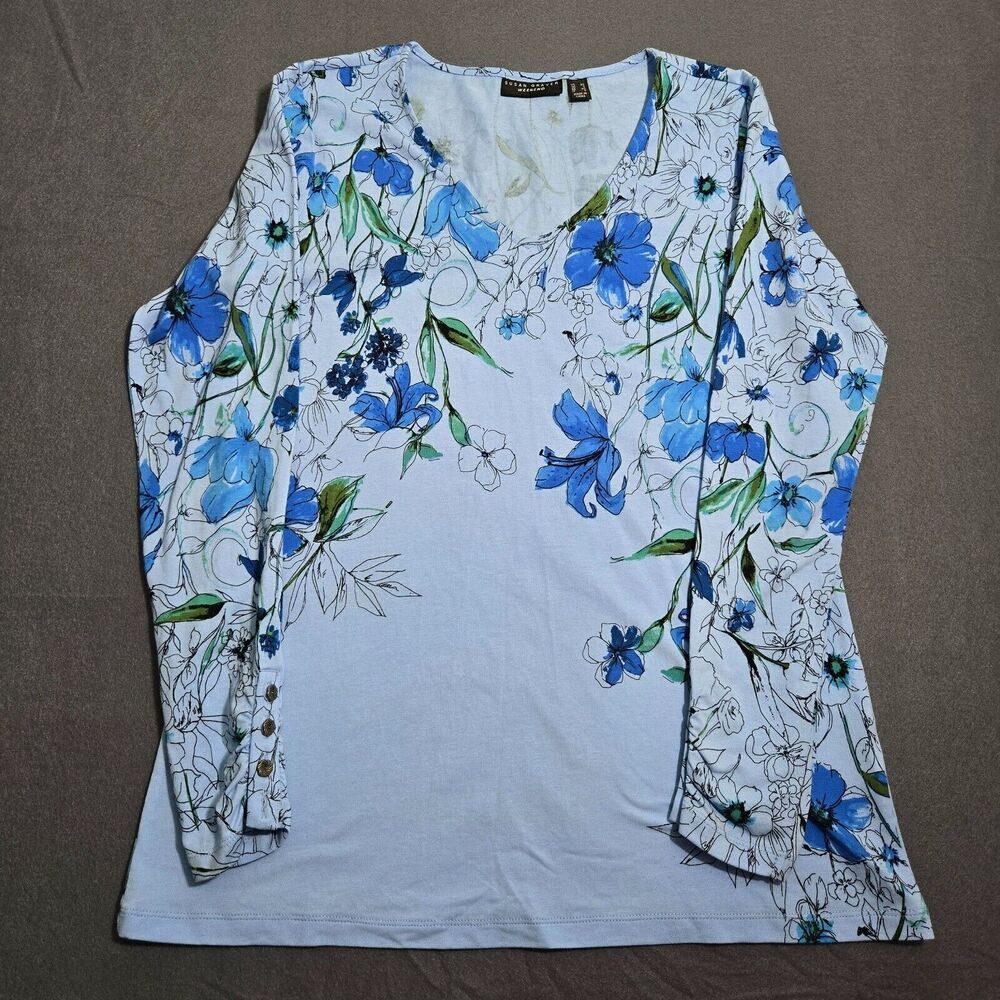 Susan Graver Weekend Shirt Women XS Blue Floral Printed Comfy V Neck Top
